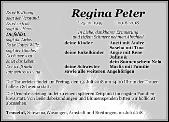 Traueranzeige von Regina Peter von Südthüringer Presse
