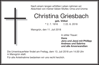 Traueranzeige von Christina Griesbach von Frankenpost
