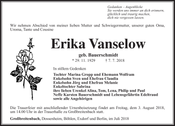 Traueranzeige von Erika Vanselow von Südthüringer Presse