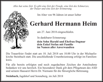 Traueranzeige von Gerhard Hermann Heim von Südthüringer Presse