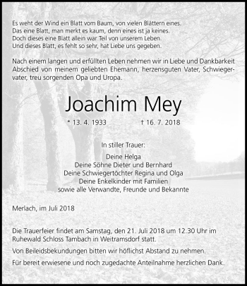 Traueranzeige von Joachim Mey von Neue Presse Coburg
