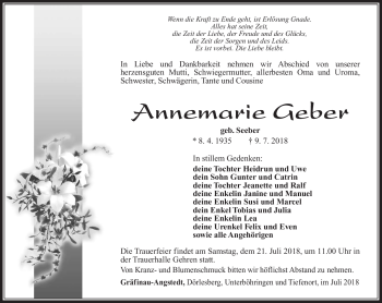 Traueranzeige von Annemarie Geber von Südthüringer Presse