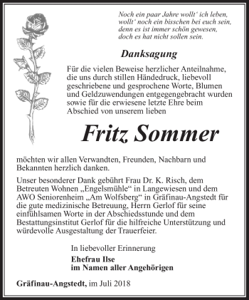 Traueranzeige von Fritz Sommer von Südthüringer Presse