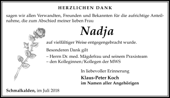 Traueranzeige von Nadja Koch von Südthüringer Presse