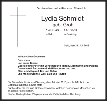 Traueranzeige von Lydia Schmidt von Frankenpost