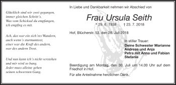 Traueranzeige von Ursula Seith von Frankenpost