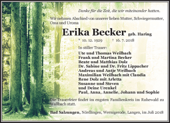Traueranzeige von Erika Becker von Südthüringer Presse