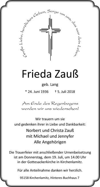 Traueranzeige von Frieda Zauß von Frankenpost