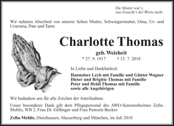 Traueranzeige von Charlotte Thomas von Südthüringer Presse