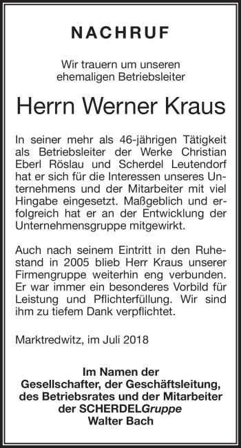Traueranzeige von Werner Kraus von Frankenpost