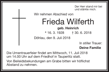 Traueranzeige von Frieda Wilferth von Frankenpost