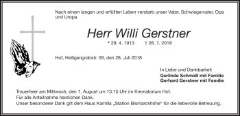 Traueranzeige von Willi Gerstner von Frankenpost