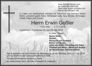 Traueranzeige von Erwin Goßler von Frankenpost