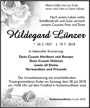 Traueranzeige von Hildegard Lünzer von Südthüringer Presse