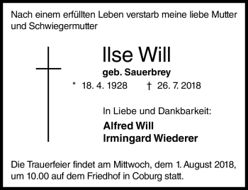 Traueranzeige von Ilse Will von Neue Presse Coburg