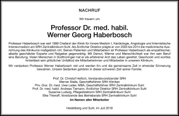 Traueranzeige von Werner Georg Haberbosch von Südthüringer Presse