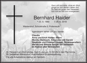Traueranzeige von Bernhard Haider von Frankenpost