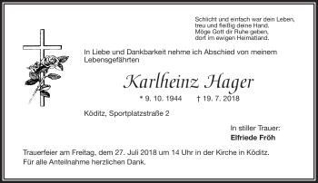 Traueranzeige von Karlheinz Hager von Frankenpost