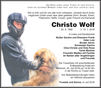 Traueranzeige von Christo Wolf von Südthüringer Presse