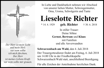 Traueranzeige von LIeselotte Richter von Frankenpost
