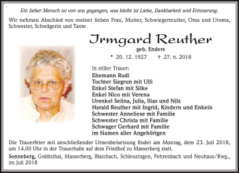 Traueranzeige von Irmgard Reuther von Südthüringer Presse