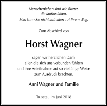 Traueranzeige von Horst Wagner von Südthüringer Presse