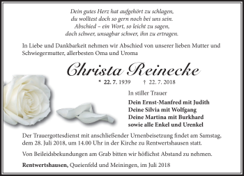 Traueranzeige von Christa Reinecke von Südthüringer Presse