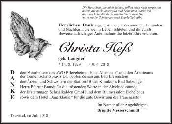 Traueranzeige von Christa Heß von Südthüringer Presse