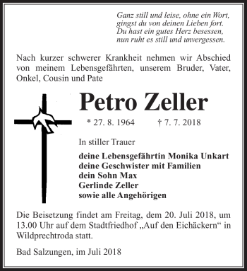 Traueranzeige von Petro Zeller von Südthüringer Presse