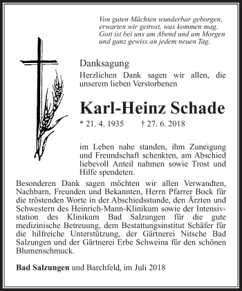 Traueranzeige von Karl-Heinz Schade von Südthüringer Presse