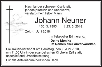 Traueranzeige von Johann Neuner von Frankenpost