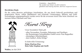 Traueranzeige von Horst Krug von Südthüringer Presse
