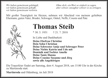 Traueranzeige von Thomas Steib von Südthüringer Presse