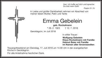 Traueranzeige von Emma Gebelein von Frankenpost