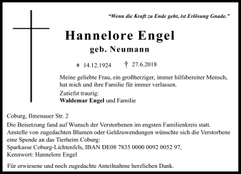 Traueranzeige von Hannelore Engel von Neue Presse Coburg