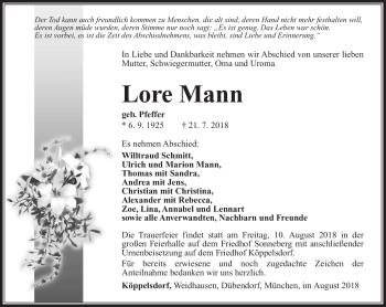 Traueranzeige von Lore Mann von Südthüringer Presse
