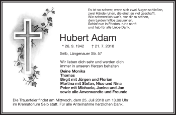 Traueranzeige von Hubert Adam von Frankenpost