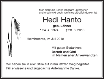 Traueranzeige von Hedi Hanto von Frankenpost