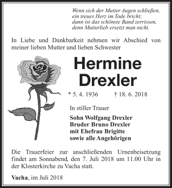 Traueranzeige von Hermine Drexler von Südthüringer Presse