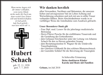 Traueranzeige von Hubert Schach von Südthüringer Presse