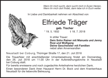 Traueranzeige von Elfriede Träger von Neue Presse Coburg