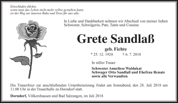 Traueranzeige von Grete Sandlaß von Südthüringer Presse