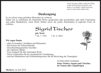 Traueranzeige von Sigrid Tischer von Südthüringer Presse