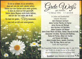 Traueranzeige von Grete Weiß von Südthüringer Presse