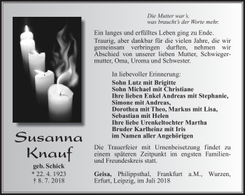 Traueranzeige von Susanna Knauf von Südthüringer Presse