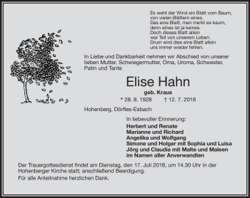 Traueranzeige von Elise Hahn von Frankenpost