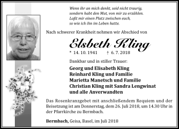 Traueranzeige von Elsbeth Kling von Südthüringer Presse