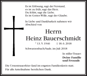 Traueranzeige von Heinz Bauerschmidt von Frankenpost
