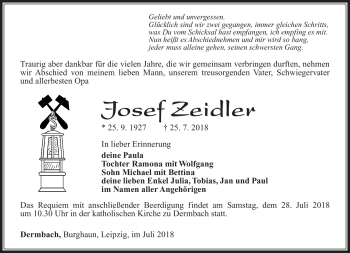 Traueranzeige von Josef Zeidler von Südthüringer Presse