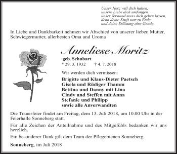 Traueranzeige von Anneliese Moritz von Südthüringer Presse